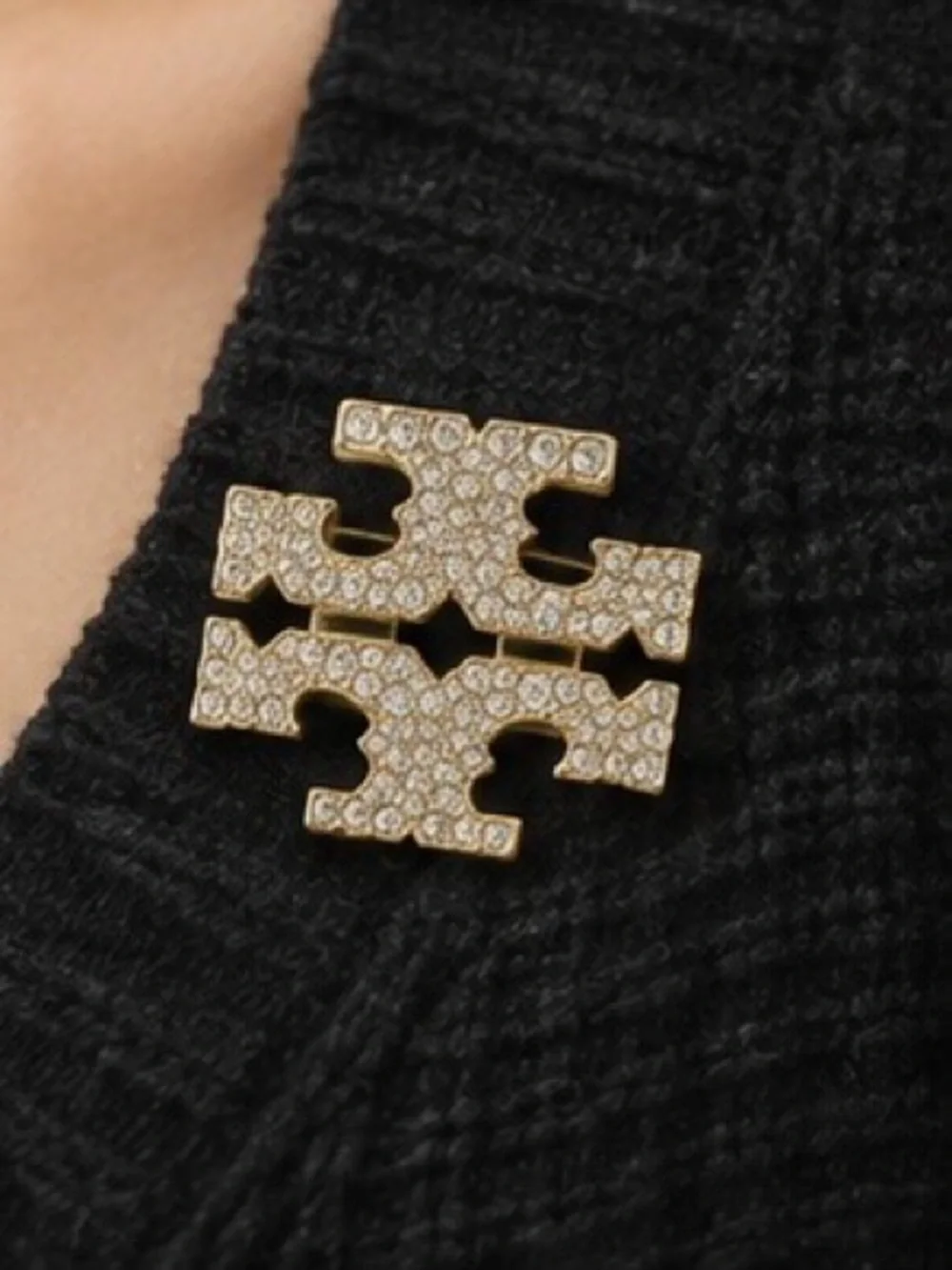 Gold Tone Crystal Statement Brooch Rhinestone Double T Pin
